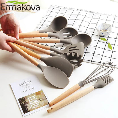 Silicone Cooking Utensils with Wooden Handle