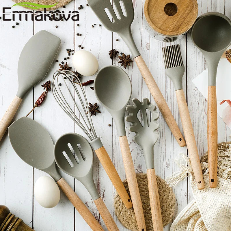 Silicone Cooking Utensils with Wooden Handle