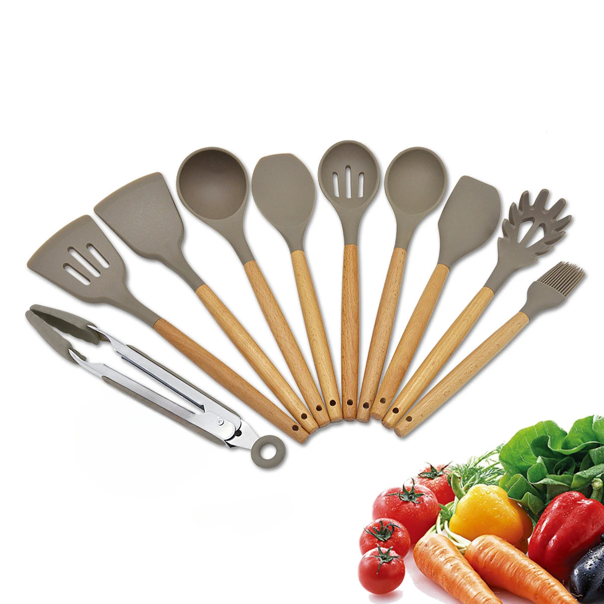 Silicone Cooking Utensils with Wooden Handle