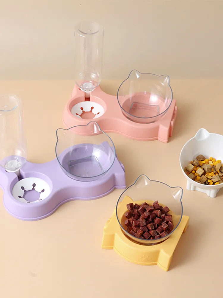 Automatic Pet Cat Food Bowl Feeder and Drinking Fountain